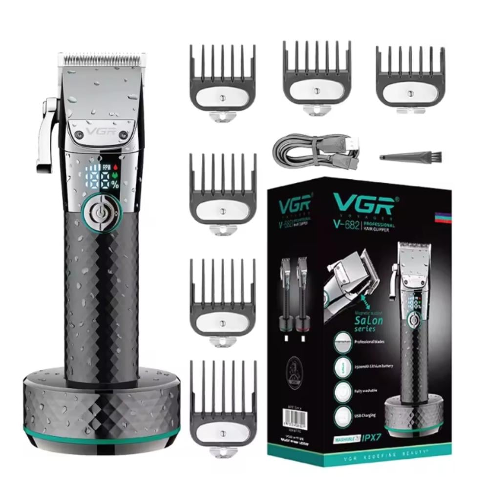 Машинка для стрижки волосся VGR V-682 бездротова акумуляторна з USB-зарядкою/6 насадок та підставка (120.1888)