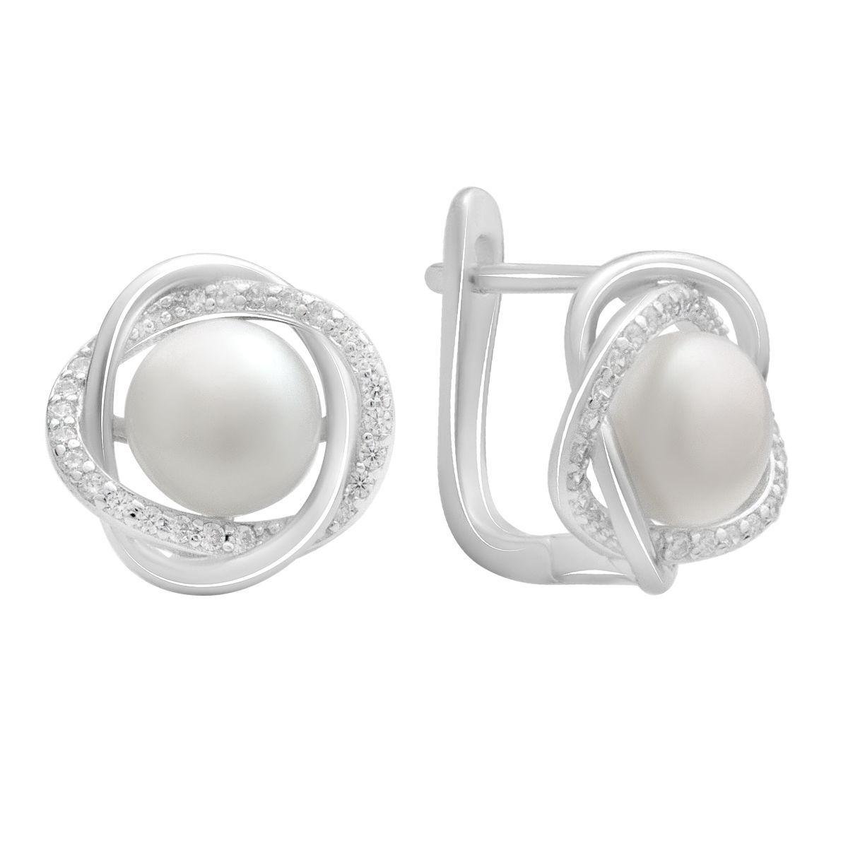 Сережки срібні LoveR з натуральними перлами та фіанітами у формі переплетених ліній