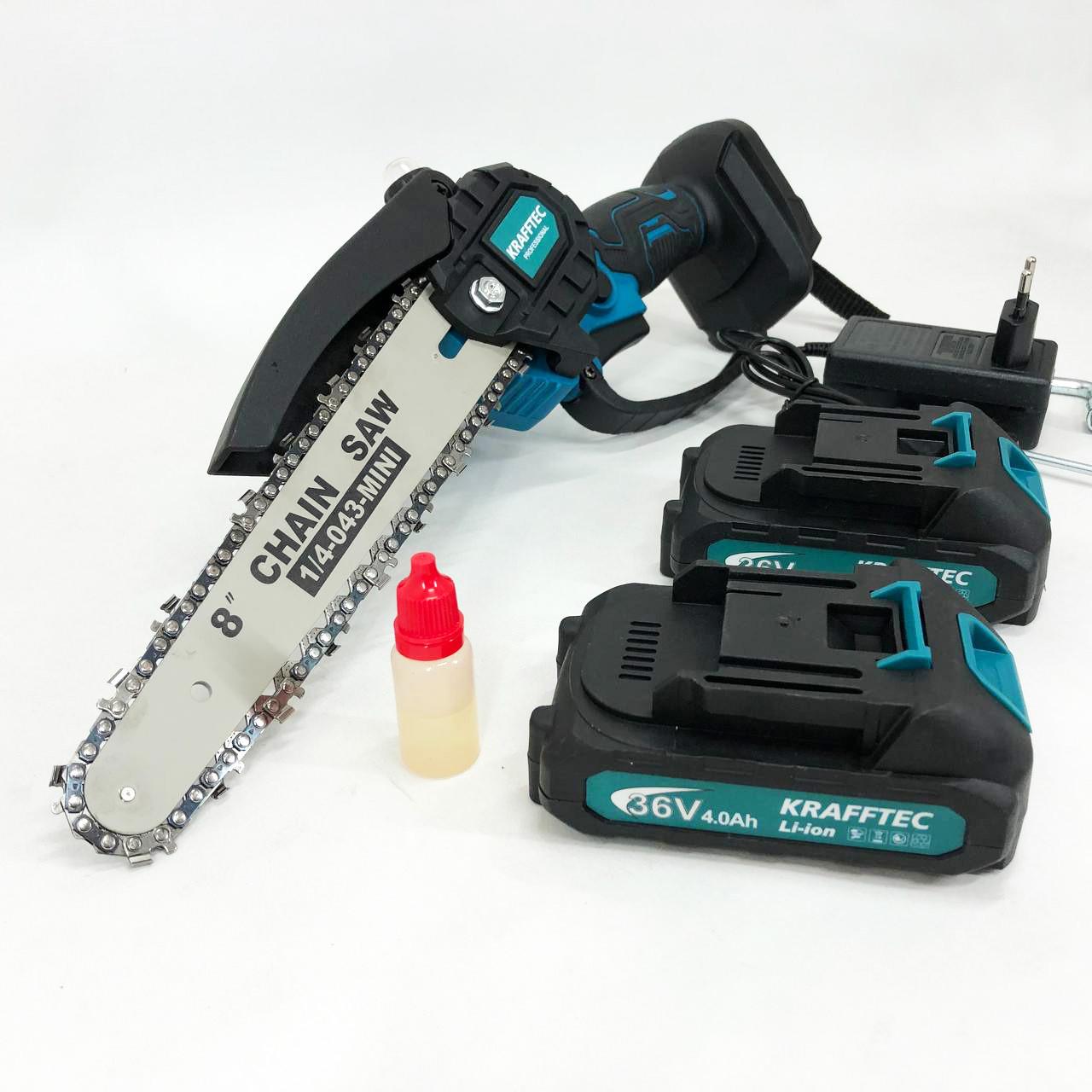 Пила мини аккумуляторная цепная Krafftec 36V 4 Ач 2 аккумулятора с индикатором заряда в кейсе 20 см