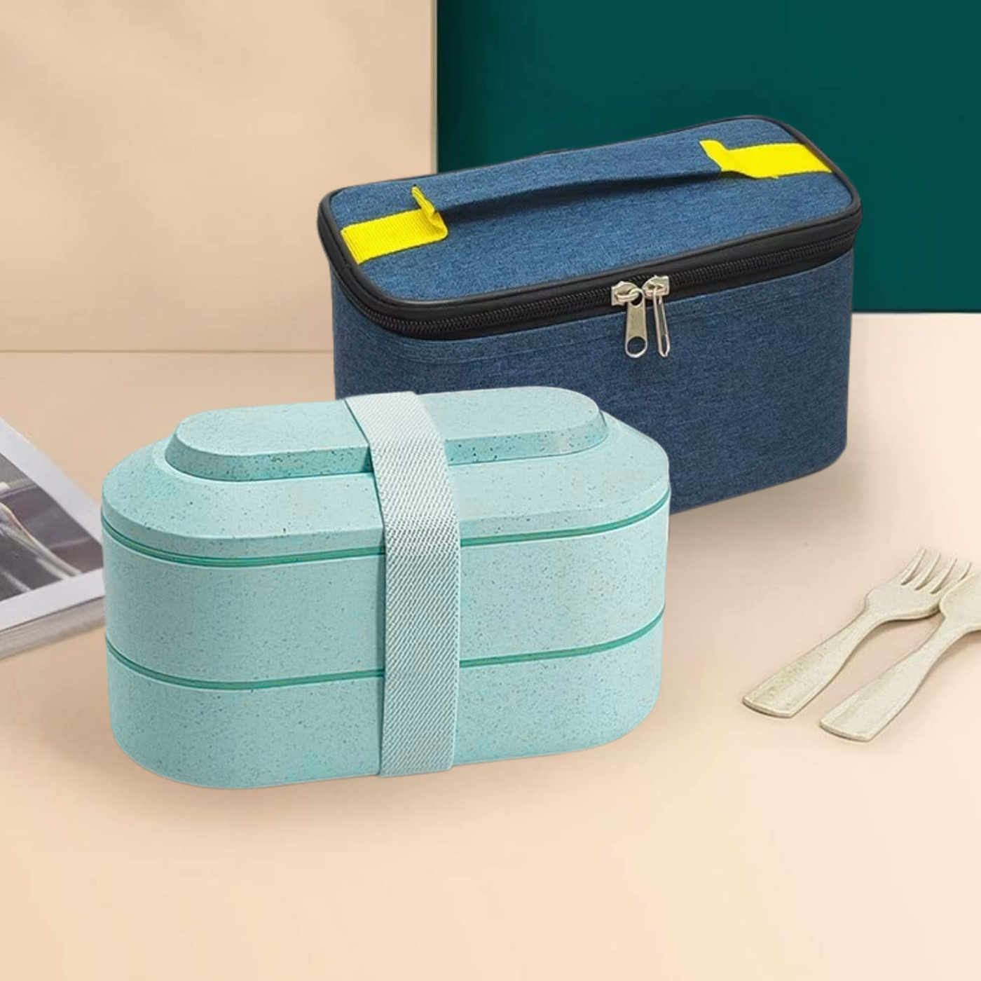 Ланч-бокс для горячей и холодной пищи с термосумкой двухъярусный контейнер для обеда со столовыми приборами 900 мл Голубой