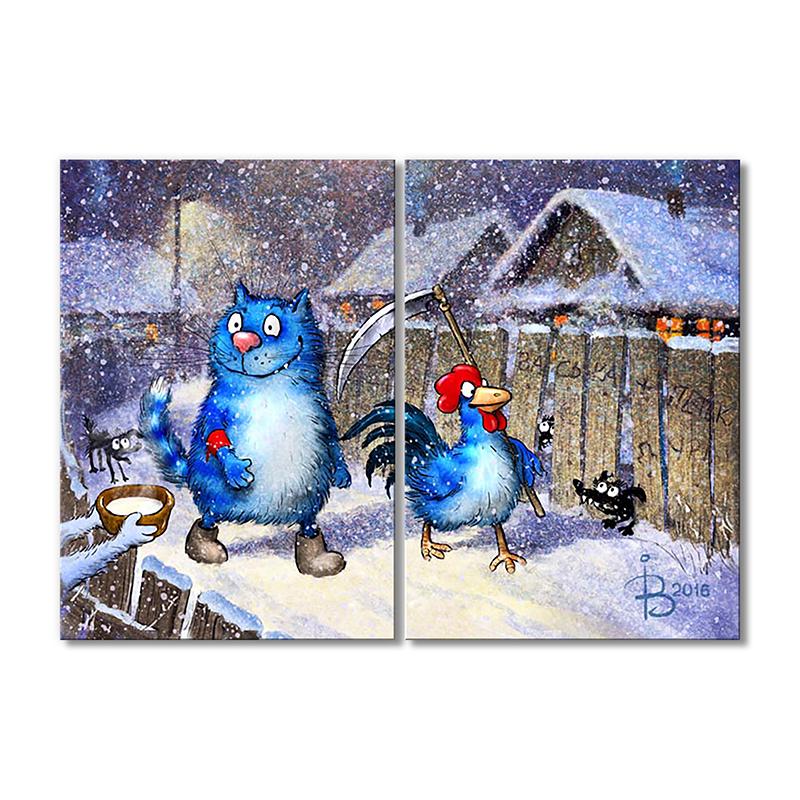 Модульная картина Кот и Петух дежурят в Новогоднюю ночь 2 модуля общий размер 40х60 см (_rinaz_20162225009)