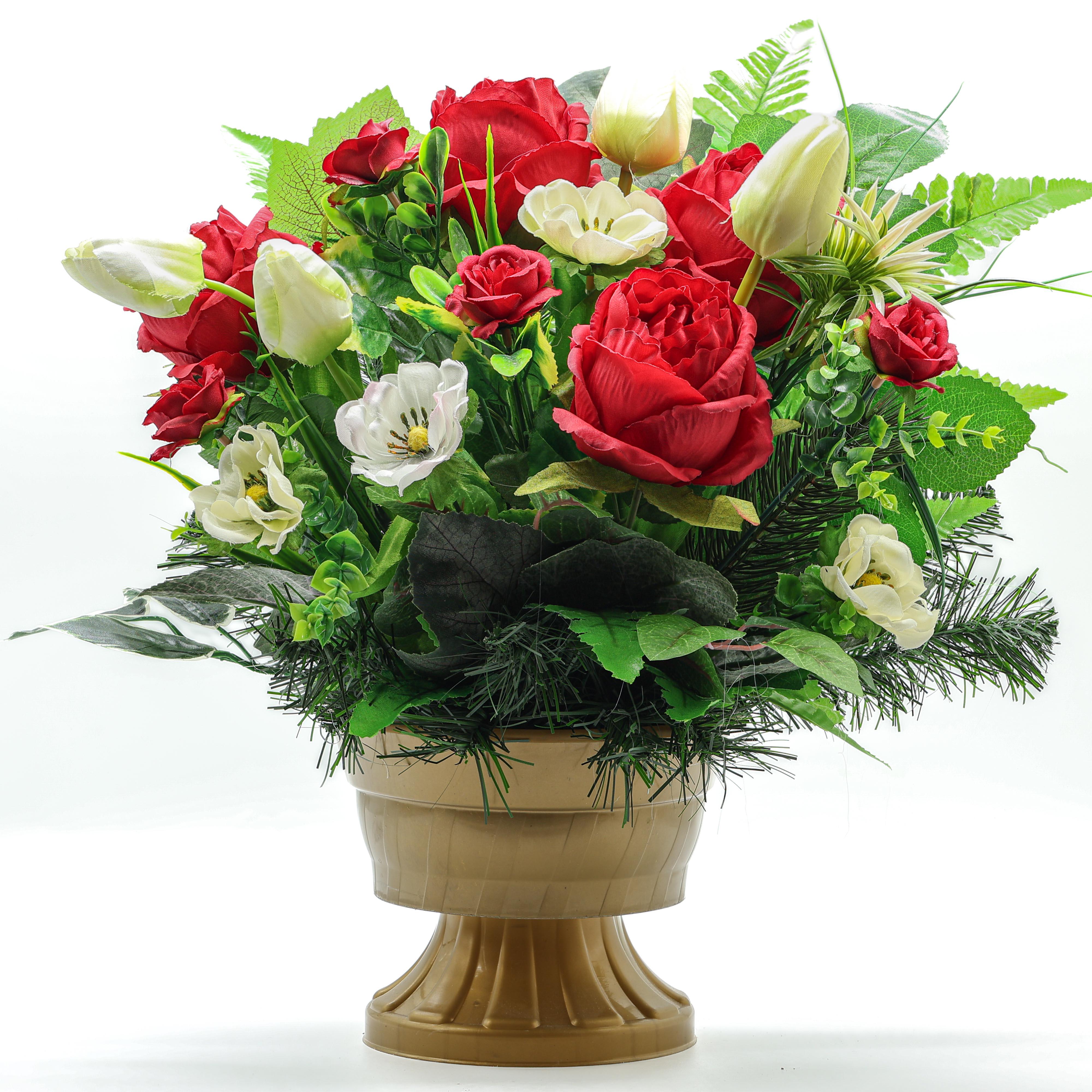 Композиция Gala Decor из искусственных красных роз и белых тюльпанов в золотистом кашпо 30 см (К4030КБ)