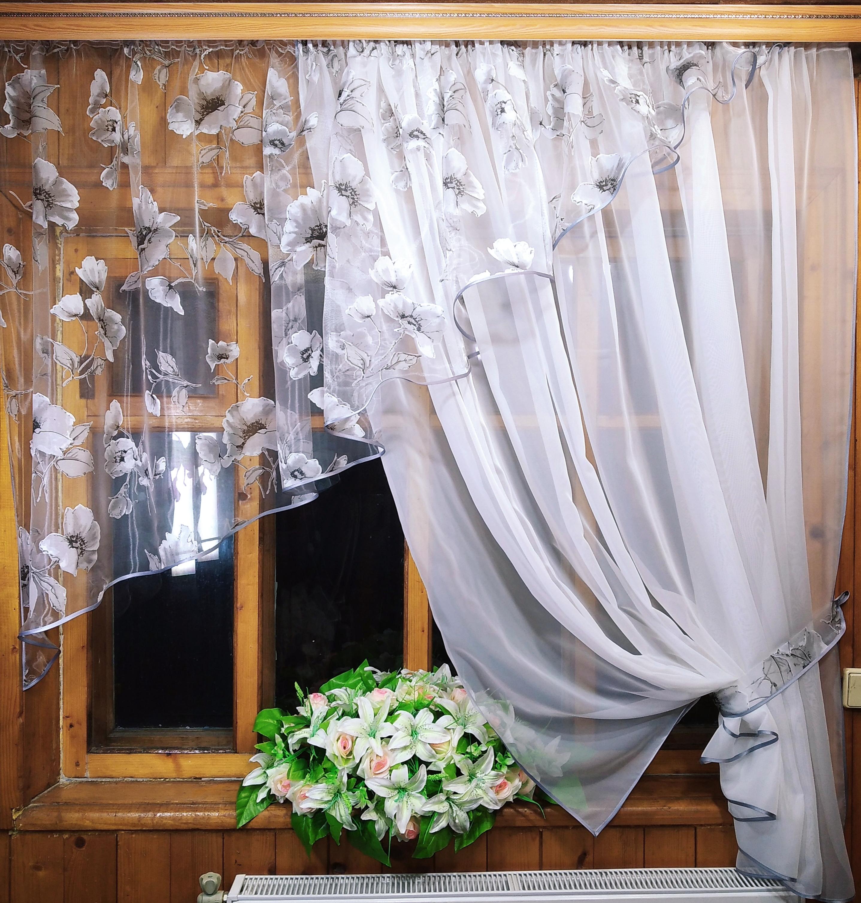 Занавеска кухонная готовая Анжелика Маки правая Белый/Серый - фото 3