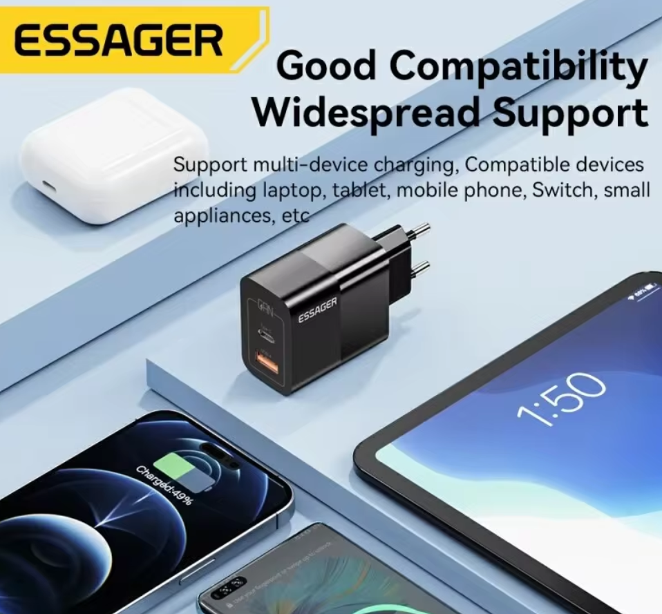 Зарядное устройство для телефонов Essager GaN Quick Charge 3.0 USB/Type-C PD 33W - фото 5