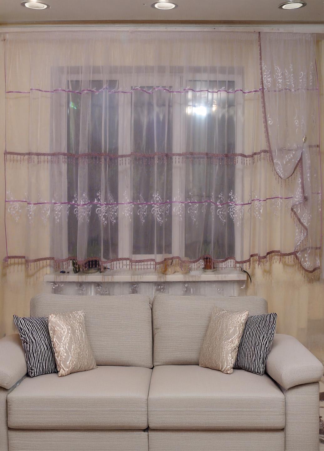 Комплект тюль с шторкой до подоконника Firanka Damask карниз 300 см Белый с фиолетовым (90_1к)