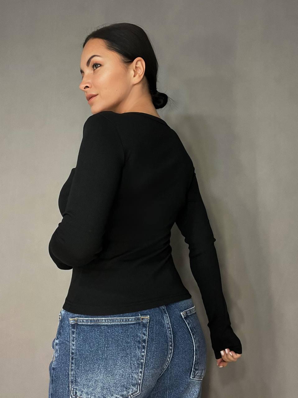 Лонгслів жіночий A-N 25079 рубчик реглан v-виріз корсетні шви OS Чорний (3452) - фото 6 Лонгслів жіночий A-N 25079 рубчик реглан v-виріз корсетні шви OS Чорний (3452) - фото 6