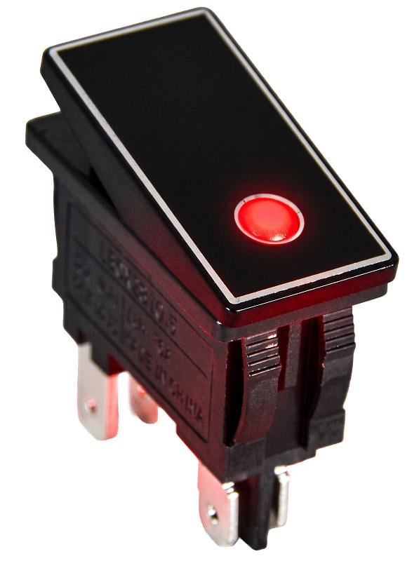 Переключатель АСКО KCD3-M1-201EN-BB 1 клавиша 1NO 30,5 мм 16A с подсветкой красный LED 230V/алюминиевая вставка Черный (A0140010307)