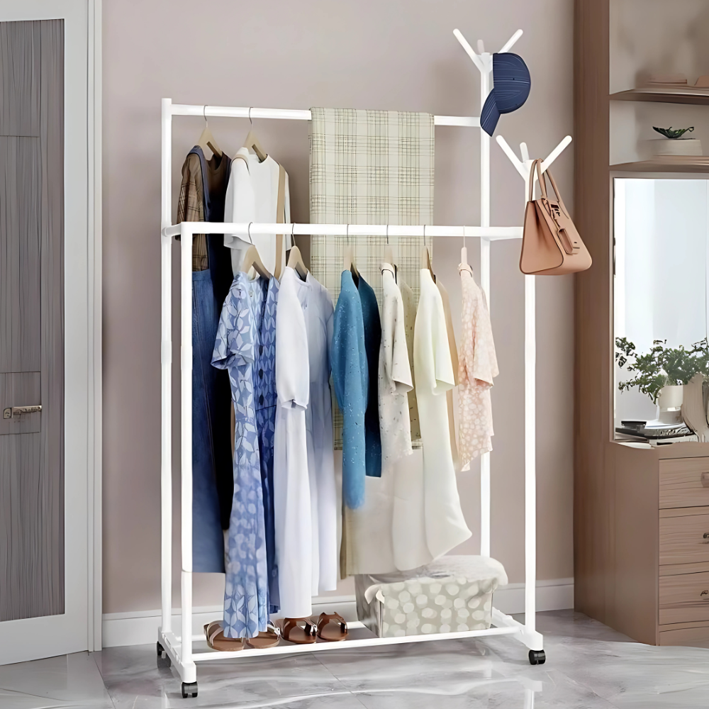 Вішалка подвійна підлогова на колесах з полицею та гачками для одягу 145х80х42 см Білий
