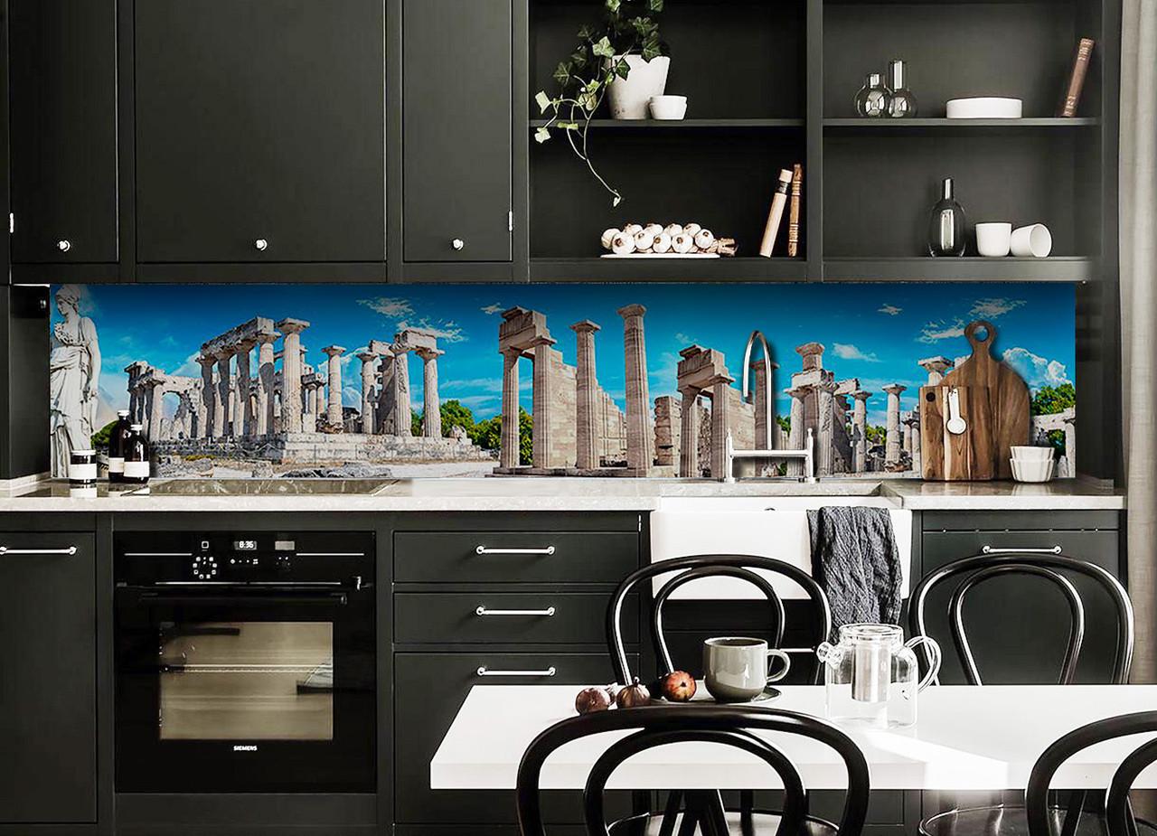 Кухонный фартук Руины храма античность колонны из самоклеющейся виниловой пленки 65х250 см Голубой