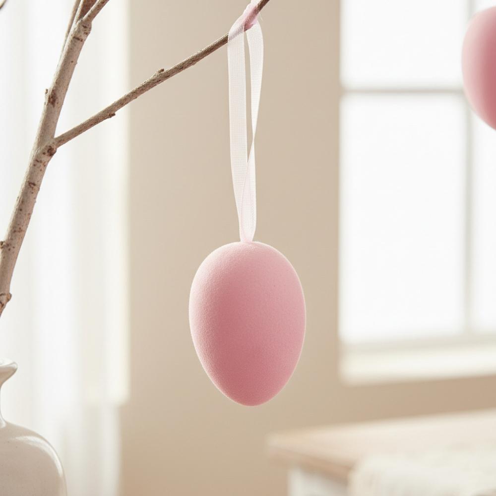 Набор из 5 подвесных флоковых пасхальных яиц 7 см (5103-002/pink)