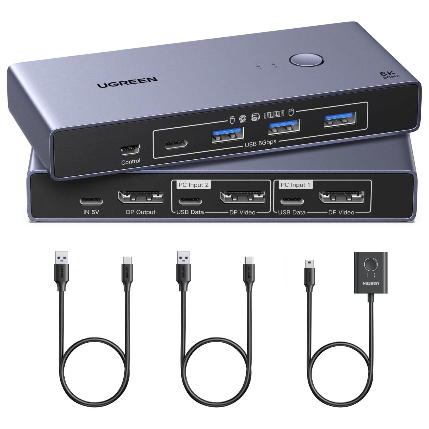 DisplayPort KVM-переключатель UGREEN CM695 2 ПК на 1 монитор DP 1.4 4 USB 3.0 до 8K 60 Гц с DP-кабелями до 2 м 28 AWG настольный пульт Серый (25962A)