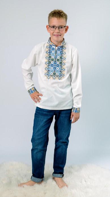 Вышиванка на мальчика лен с голубым орнаментом с длинным рукавом 158 см Молочный (2106420529) - фото 3 Вышиванка на мальчика лен с голубым орнаментом с длинным рукавом 158 см Молочный (2106420529) - фото 3