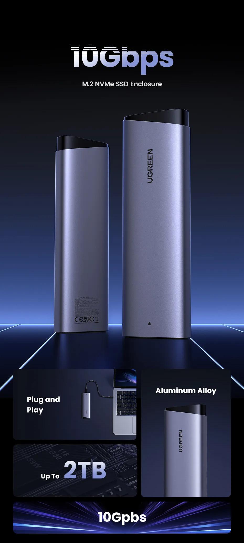 Зовнішній SSD курпус UGREEN M.2 NVMe USB 3.2 Gen2 10 Гбіт/с алюмінієвий Сірий (35267) - фото 2 Зовнішній SSD курпус UGREEN M.2 NVMe USB 3.2 Gen2 10 Гбіт/с алюмінієвий Сірий (35267) - фото 2