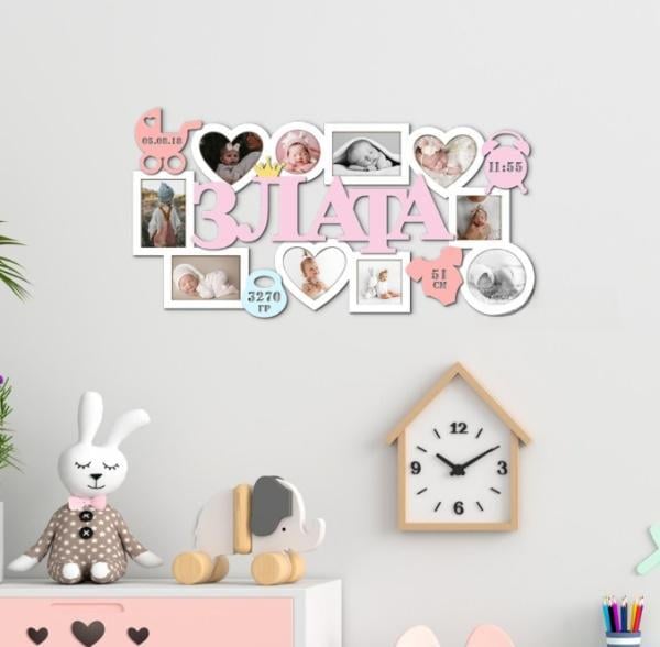 Панно дерев'яне на стіну для спальні дитячої для сім'ї Decart Рамка Наш Маленький Ангел 53х27 см рамки 9х13 см 1 шт./10х15 см 2 шт.