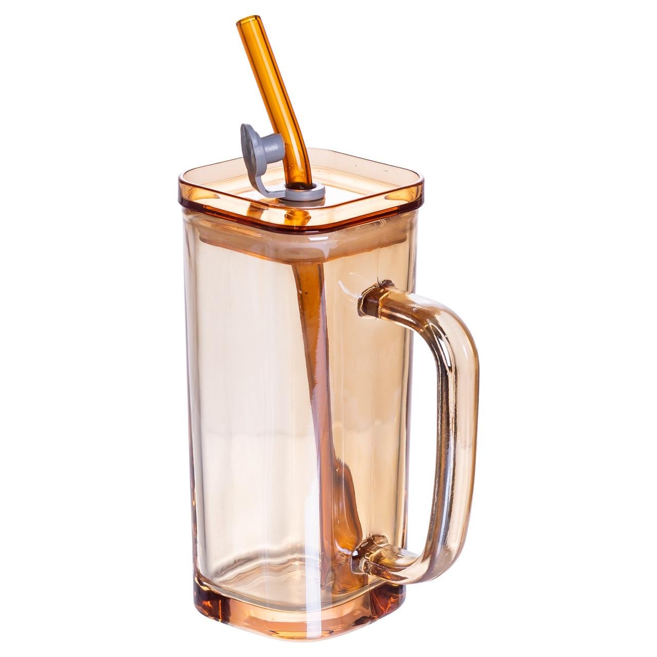 Скляна чашка з кришкою і трубочкою 280 мл (HP-19-53GLD)