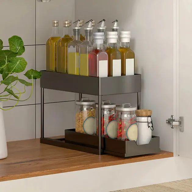 Органайзер двухуровневый для кухни и ванной с выдвижным ящиком для хранения и крючками 39х21х35 см Черный Органайзер двухуровневый для кухни и ванной с выдвижным ящиком для хранения и крючками 39х21х35 см Черный