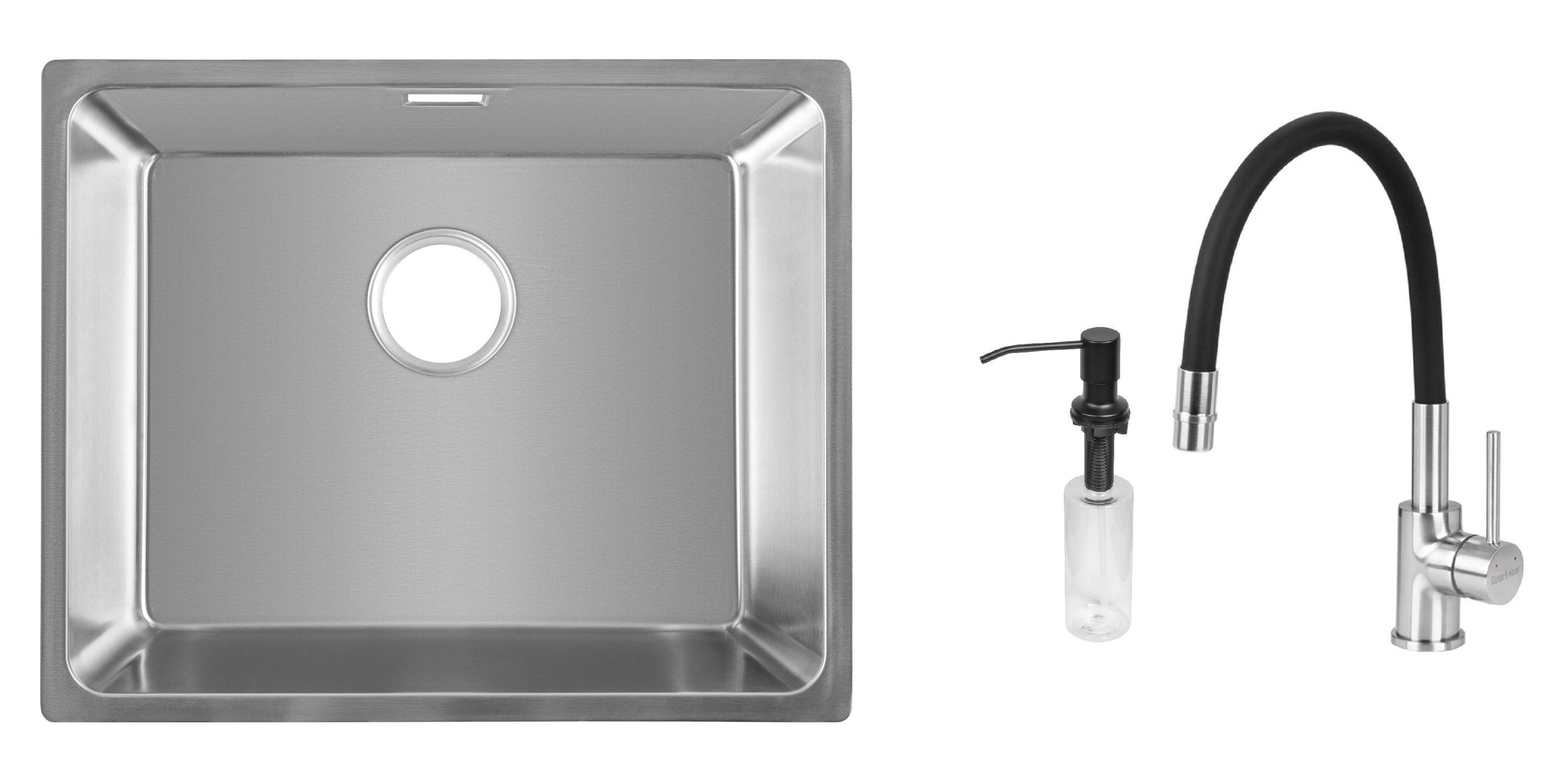 Комплект из кухонной мойки Gunter&Hauer Gera 5420 IX кухонного смесителя Gunter&Hauer BRISE Brush и дозатора Gunter&Hauer SOAP DISPENSER Black