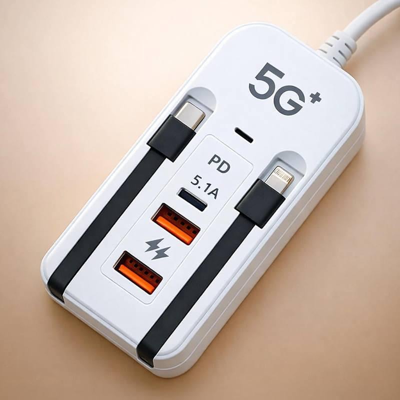 Зарядное устройство универсальное со встроенными кабелями Type-C и Lightning и сетевая зарядка 2USB и 2PD 20W