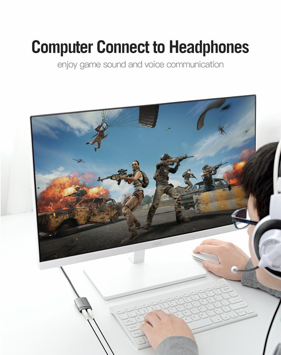 Звукова карта з підтримкою мікрофону Vention USB-2x 3,5 мм minijack 16 біт/48 кГц TRS AUX 3-піновий Сірий (CDKHB) - фото 8