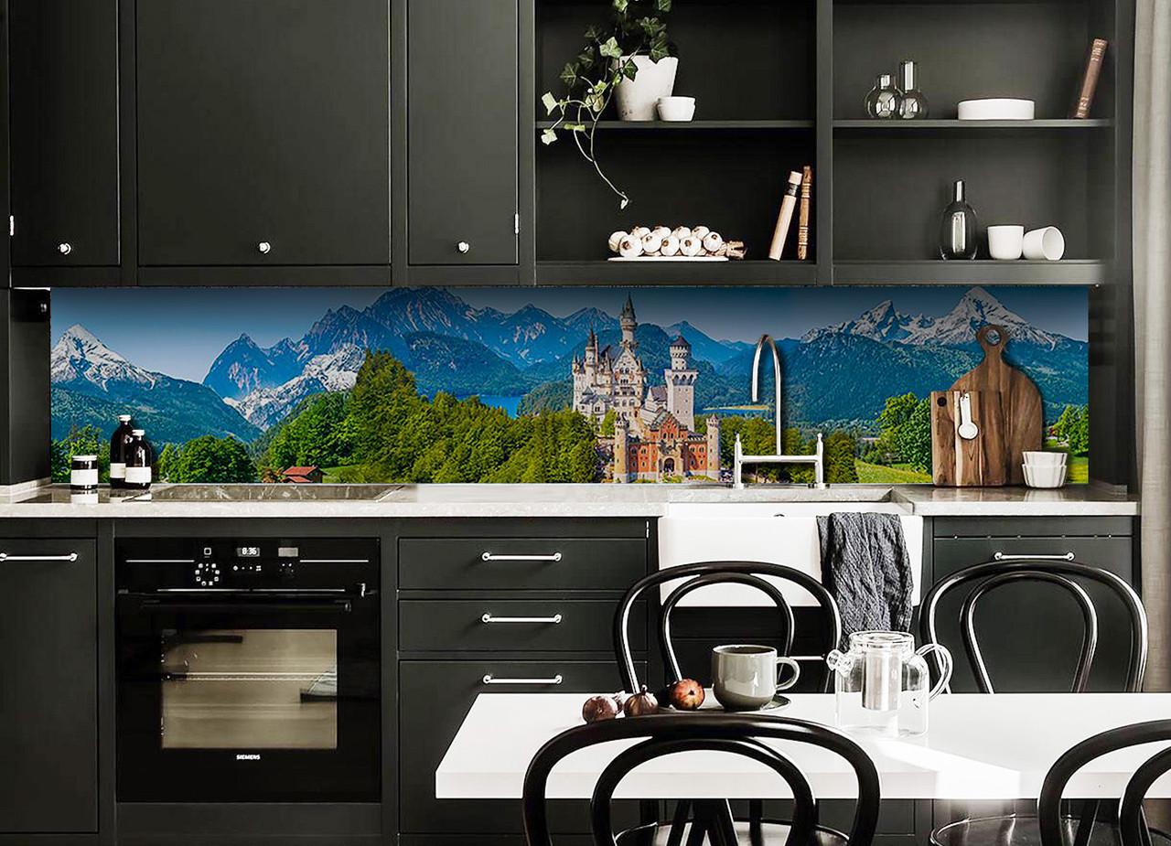 Кухонный фартук Замок в Альпах горы из самоклеющейся виниловой пленки 60х250 см Синий