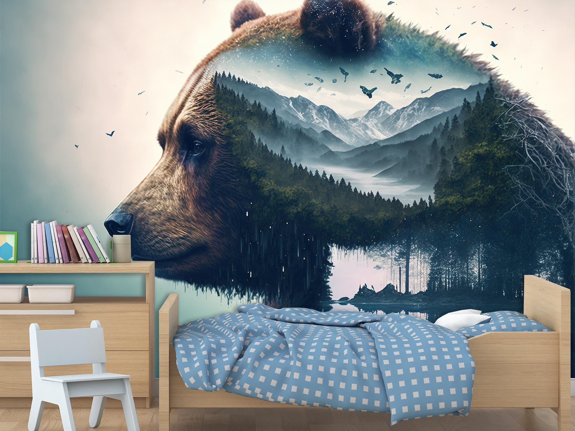 Фотообои флизелиновые Бурый медведь на фоне горных лесов 153х230 см (SPF-085/3)