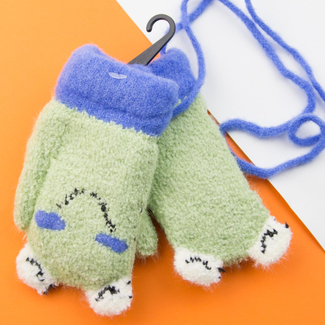 Детские варежки зимние с мехом на 1-2 года на веревочке 22-25-32 Зеленый (DR009980)