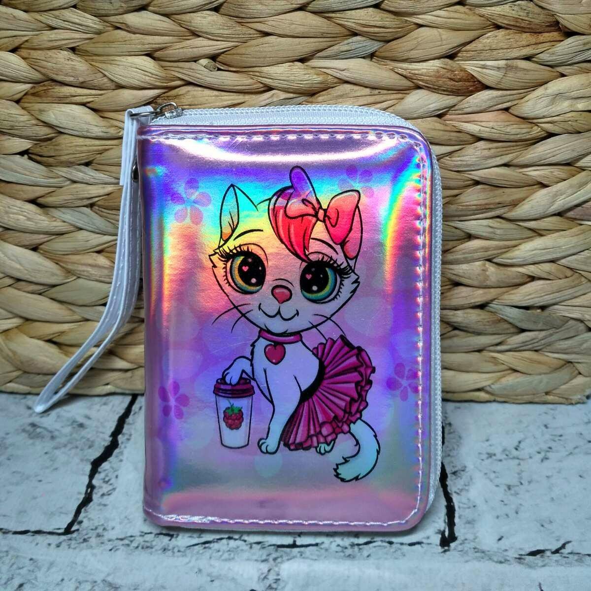 Кошелек детский для девочки на змейке с ремешком экокожа Котик голограмма 12,5х9 см Розовый (15815-3)