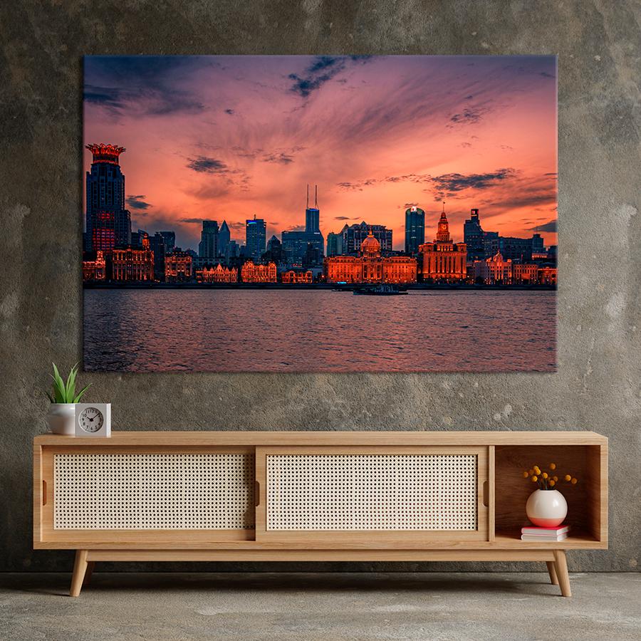 Картина город Вечерний город на берегу реки 51x34 см (A641-1)