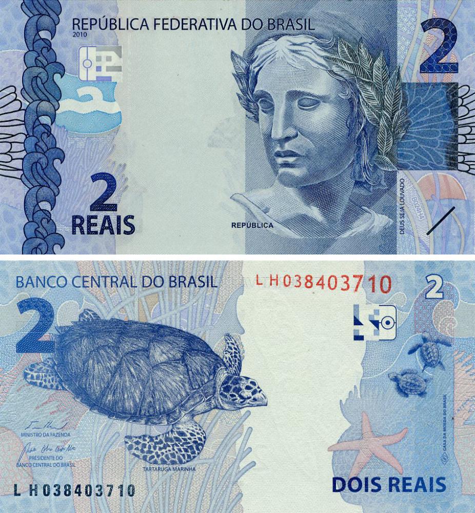 Коллекционная банкнота Бразилия 2 реалы 2010 2025 UNC Черепаха (P252g)