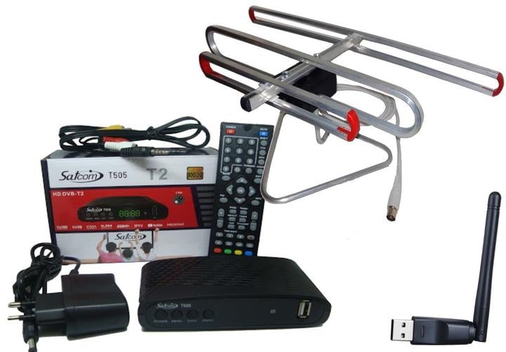 Тюнер SatCom T505 Internet с фунциями медиаплеера и IPTV/WebTV/антенна комнатная с TV-кабелем /WiFi-адаптер