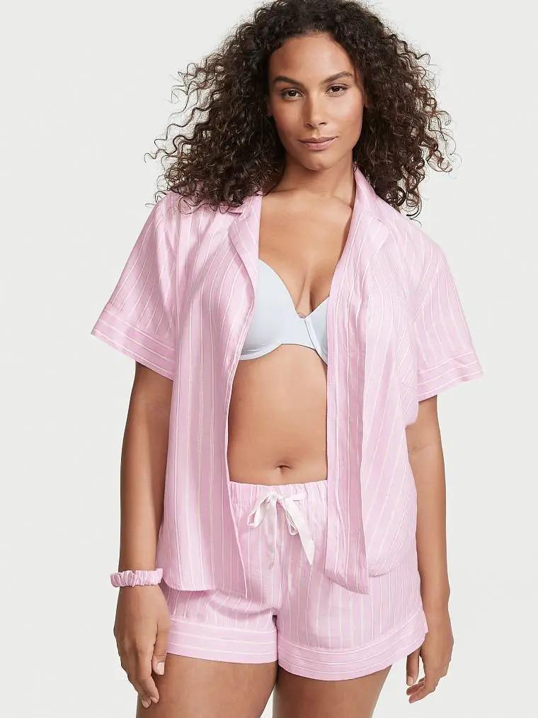 Піжама сорочка/шорти фланель Victoria's Secret Flannel Short Pajama смужка L Рожевий (26323814)