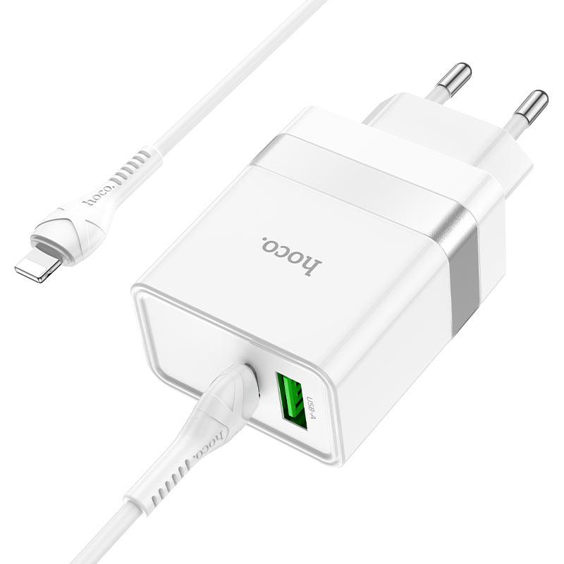 Сетевое зарядное устройство Hoco N21 USB+Type-C 3A 30W с быстрой зарядкой с кабелем Lightning Extension Speed 1 м Белый - фото 2