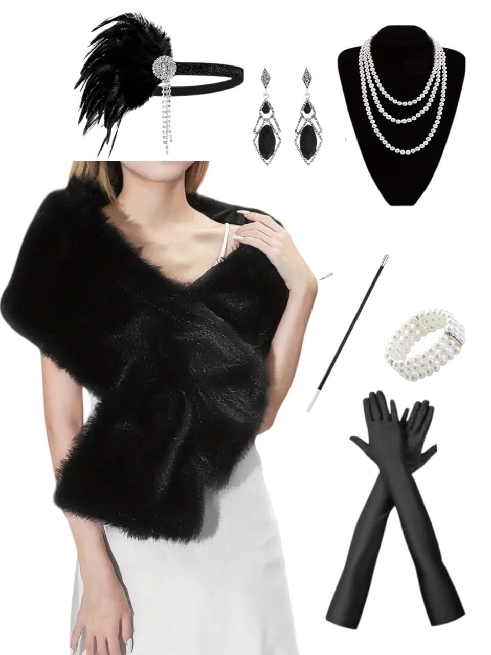 Набір аксесуарів ретро 20-х пов'язка/рукавички/хутряна накидка/перли/сережки/мундш Чорний (2814656218)