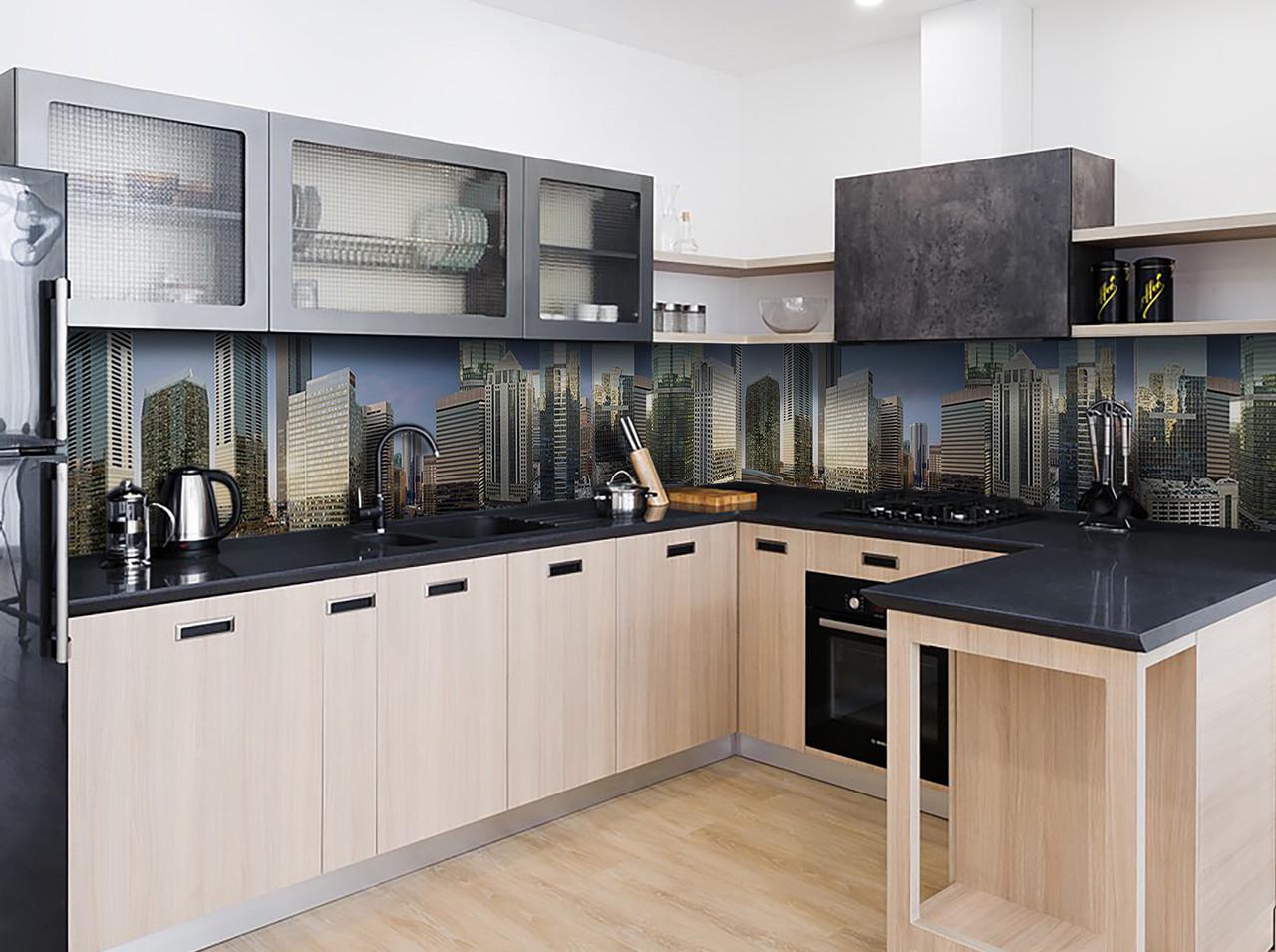 Кухонный фартук Город на рассвете небоскребы из самоклеющейся виниловой пленки 60х250 см Серый