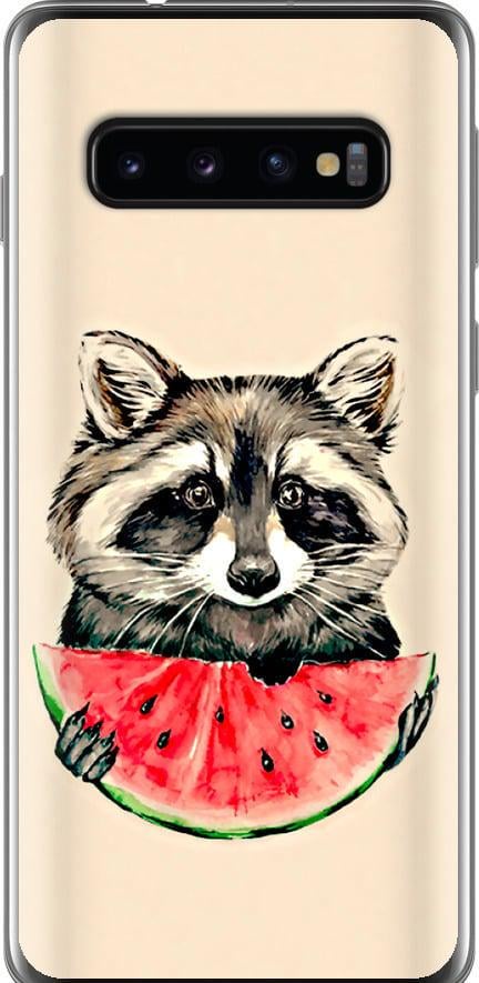 Чехол на Samsung Galaxy S10 Енотик с арбузом (4605u-1640-42517)