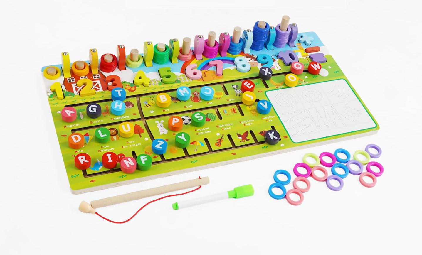 Доска логическая деревянная WToys Чудо-логика Английский алфавит/магнитная рыбалка/пальчиковый лабиринт Multicolor (162817)
