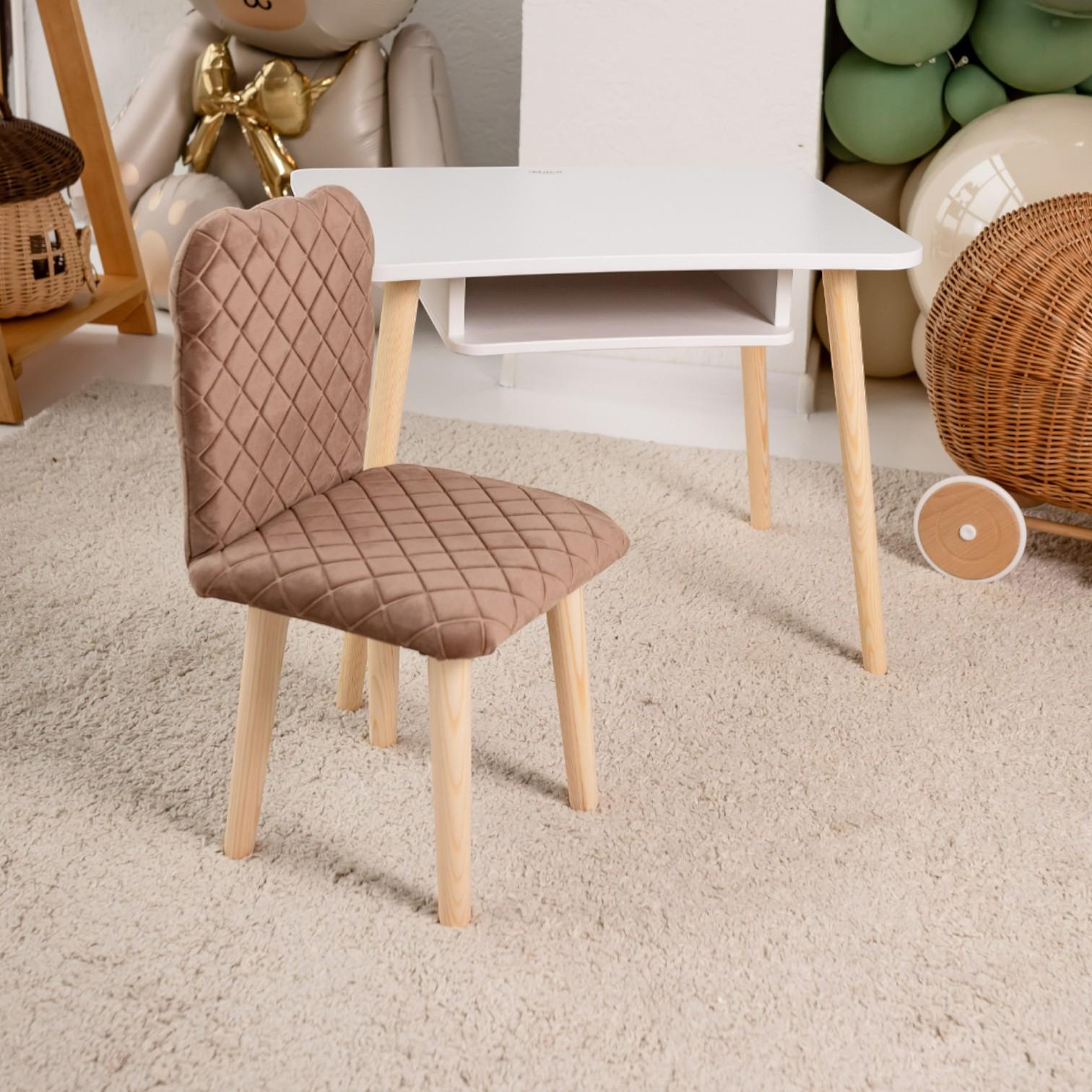 Дитячий стіл із поличкою та велюровий стільчик Ведмедик 52 см Коричневий