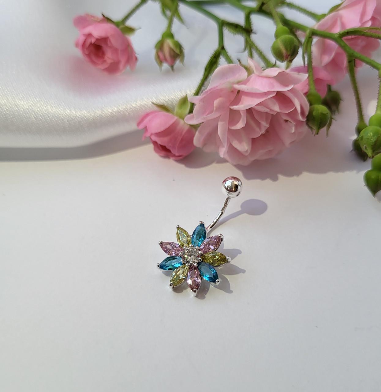 Пирсинг в пупок Цветок Гербера в разноцветных камнях серебро 925 пробы 2,90 г (604315ор)