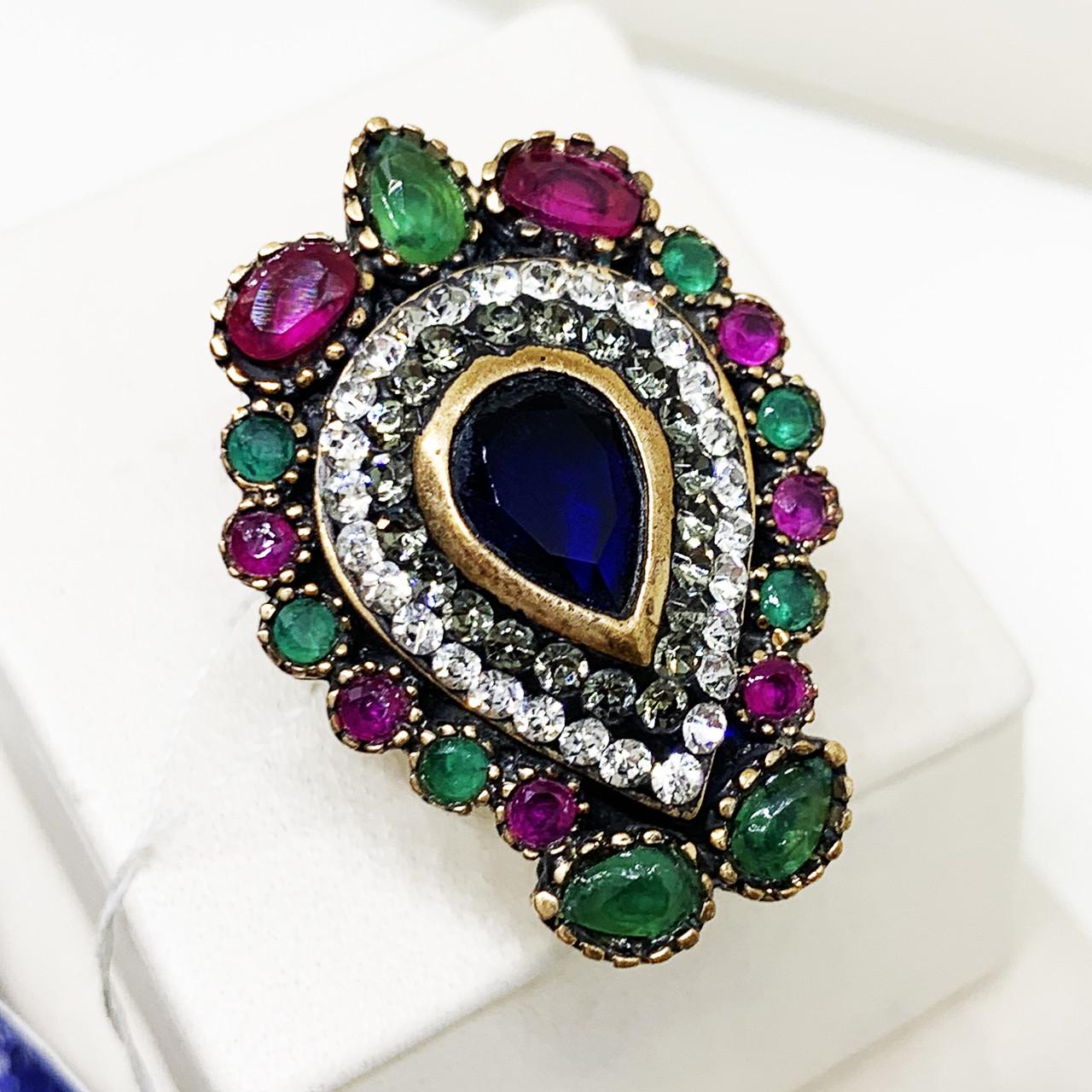 Кольцо серебряное с рубином/изумрудом и сапфиром р. 17 9,8 г (1597761351)