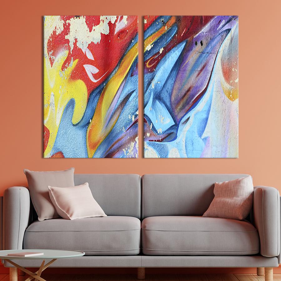 Настенный декор диптих картина на холсте для интерьера Абстракция разноцветный огонь 71x51 см (36-2)
