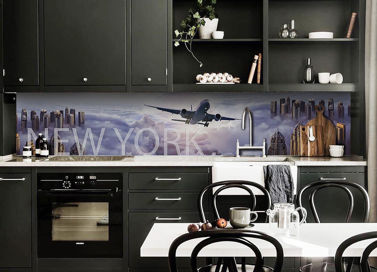 Кухонный фартук Самолет нью-йорк город небо из самоклеющейся виниловой пленки 60х250 см Серый