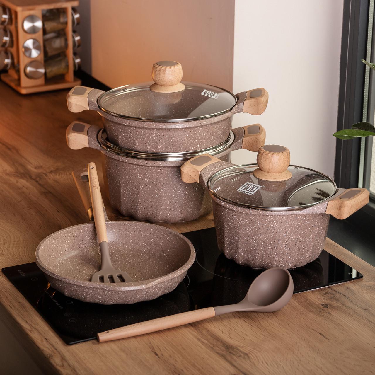 Набор посуды MGC кастрюли 3 шт./лопатка/половник Кофейный - фото 6