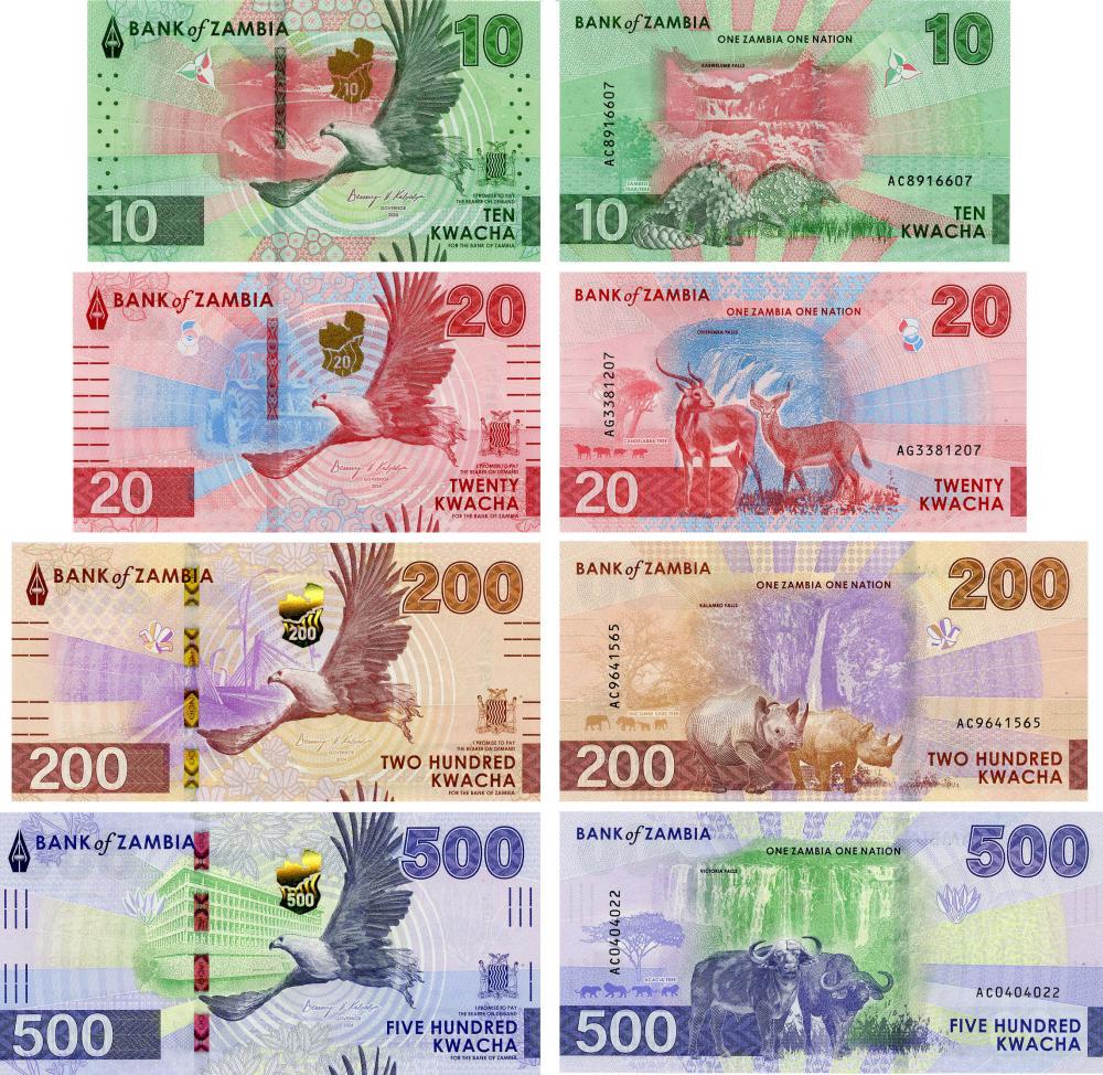 Коллекционный набор из 4 банкнот Замбия 2024/2025 UNC 10/20/200/500 квача