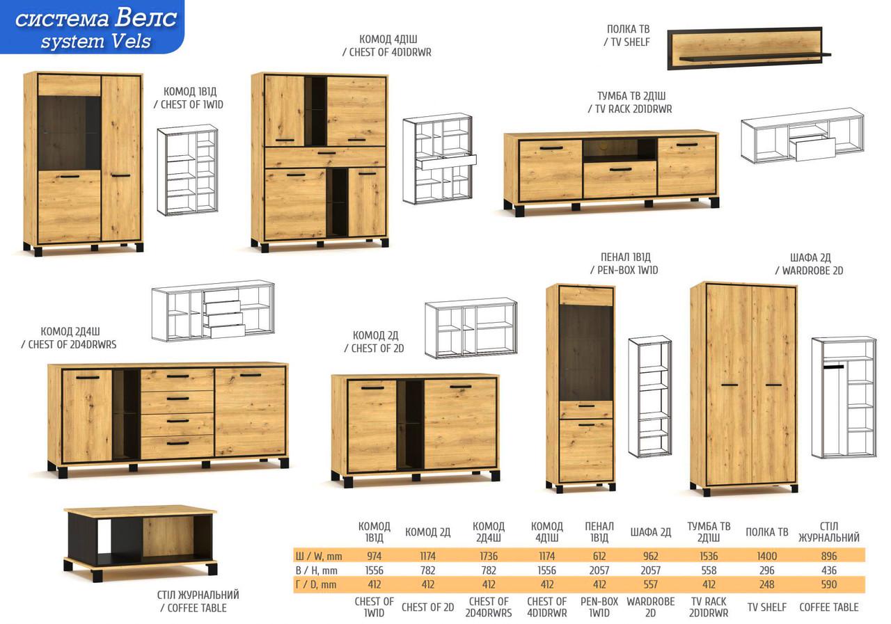 Комод у вітальню Меблі Сервіс 1В1Д Велс Дуб артизан/венге - фото 2