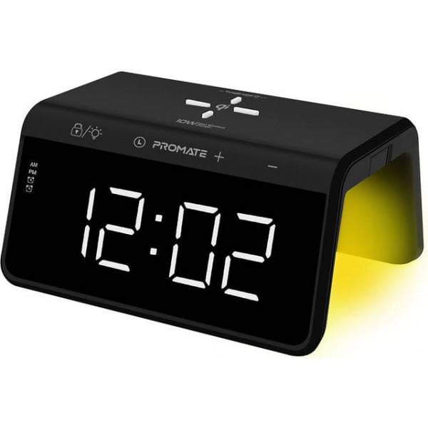 Настольные часы-будильник Promate TimeBridge-Qi с беспроводной зарядкой 10 Вт Black