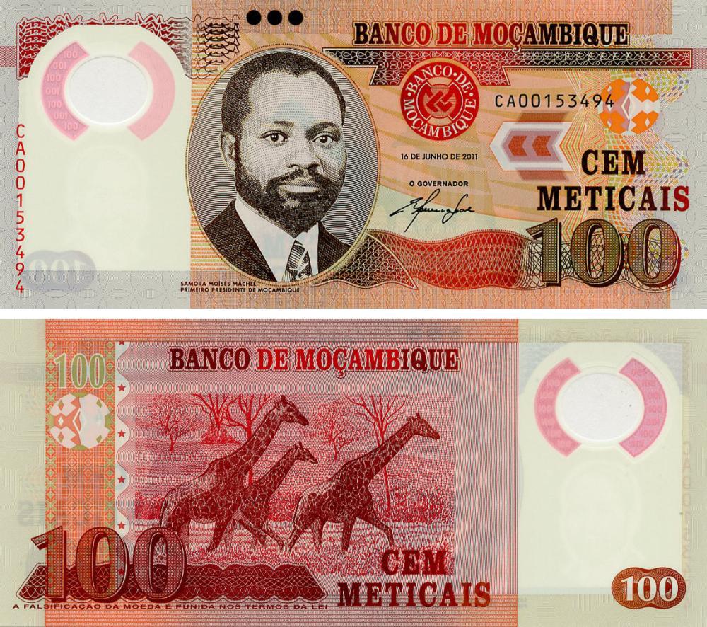 Колекційна банкнота Мозамбік 100 метикалів 2011 полімер UNC Жирафи (P151a)