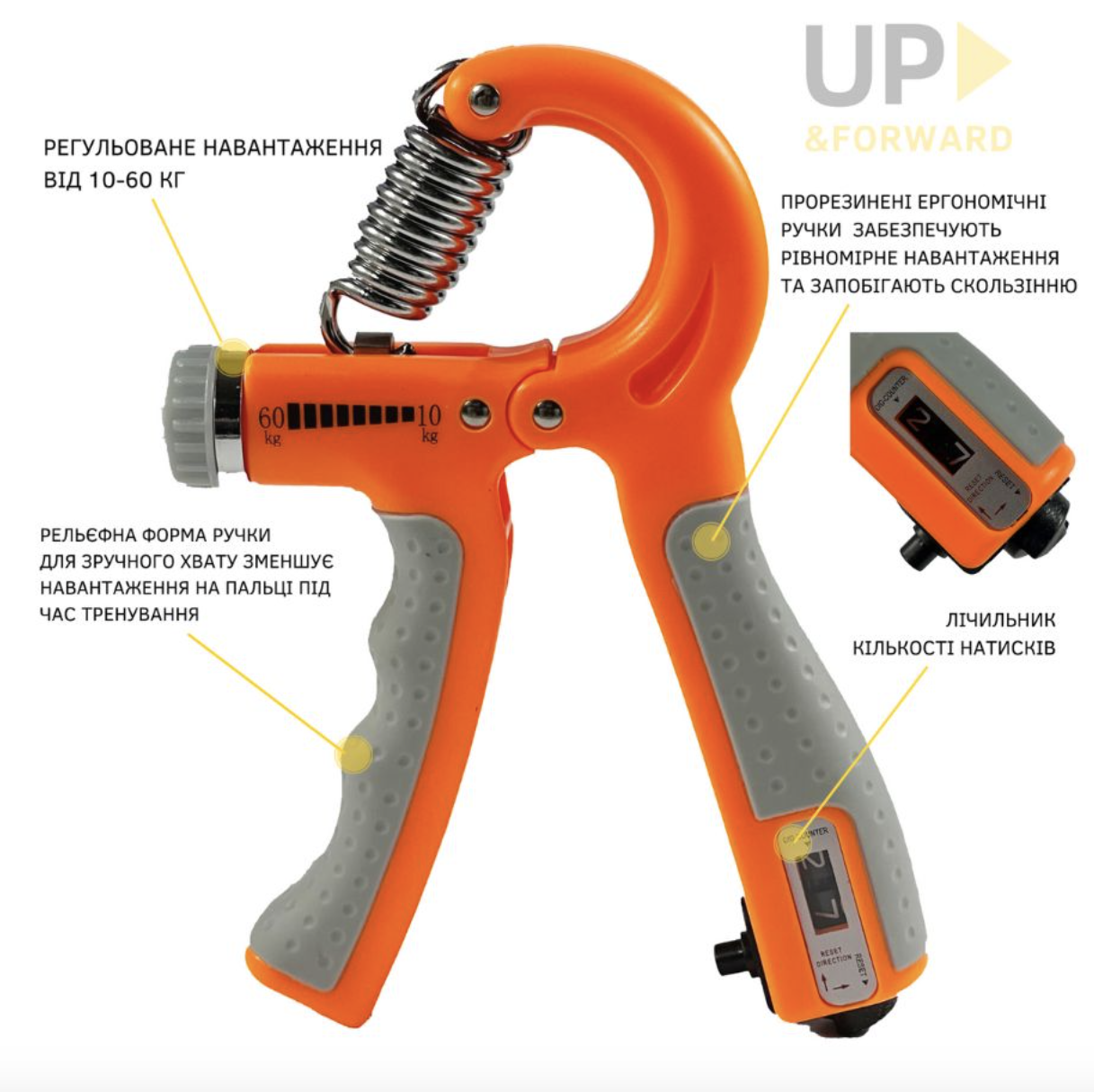 Еспандер кистьовий з лічильником UP & FORWARD 10 - 60 кг Оrange - фото 3