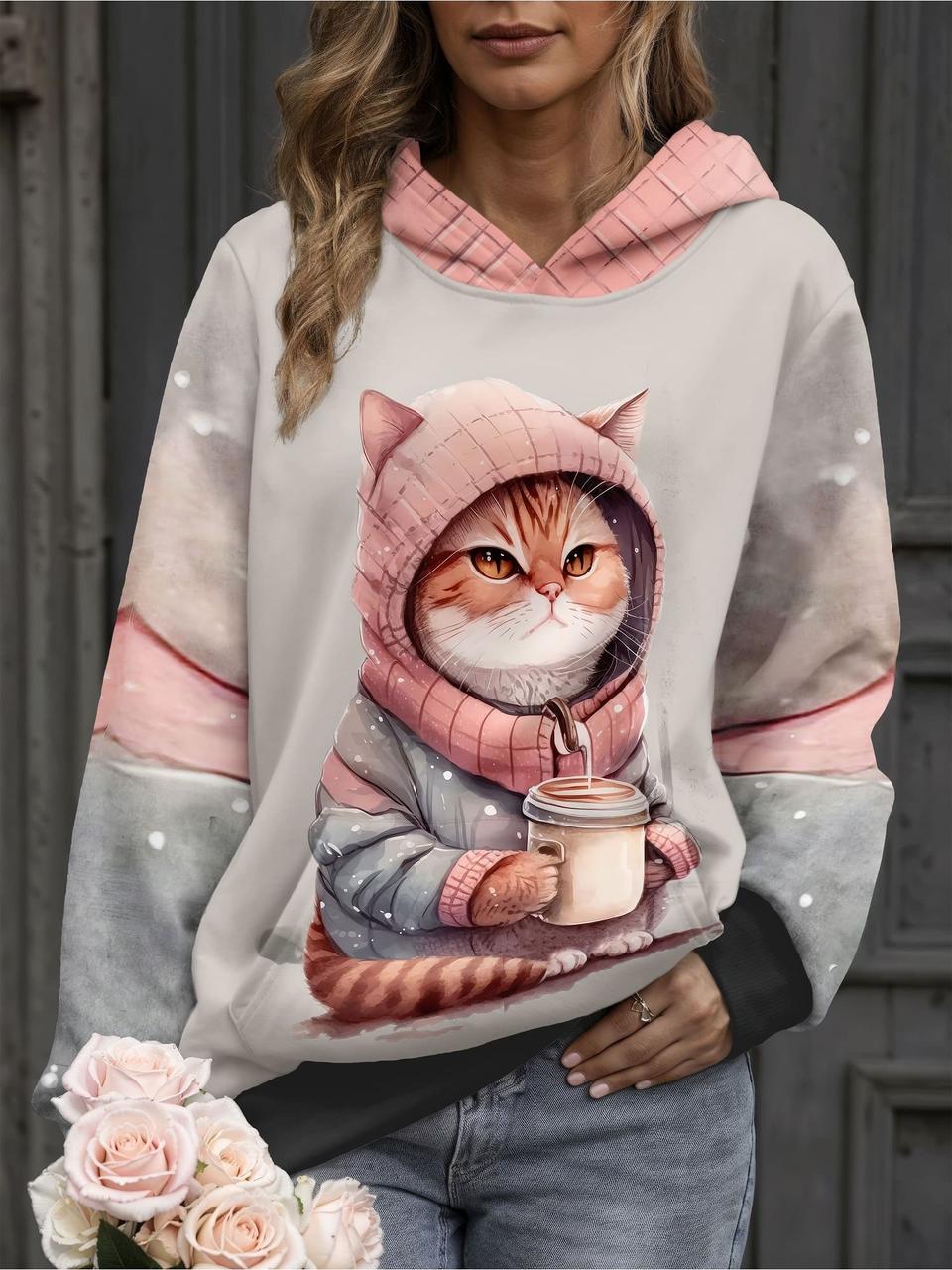 Худі жіноча Кіт з чашкою S Сірий (11268) - фото 1 Худі жіноча Кіт з чашкою S Сірий (11268) - фото 1