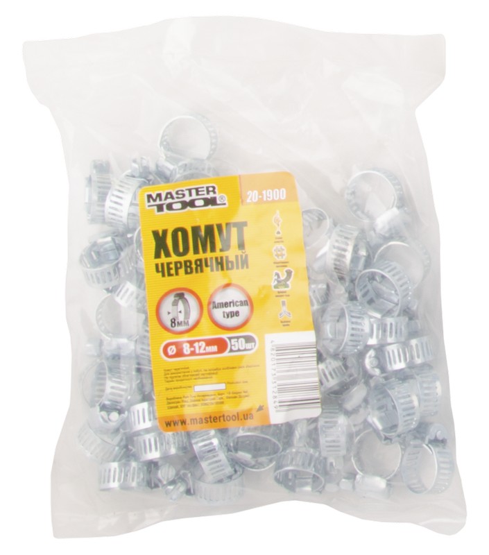 Хомут червячный оцинкованный MasterTool American type 8,0 мм Ø 8-12 мм 50 шт. (20-1900)