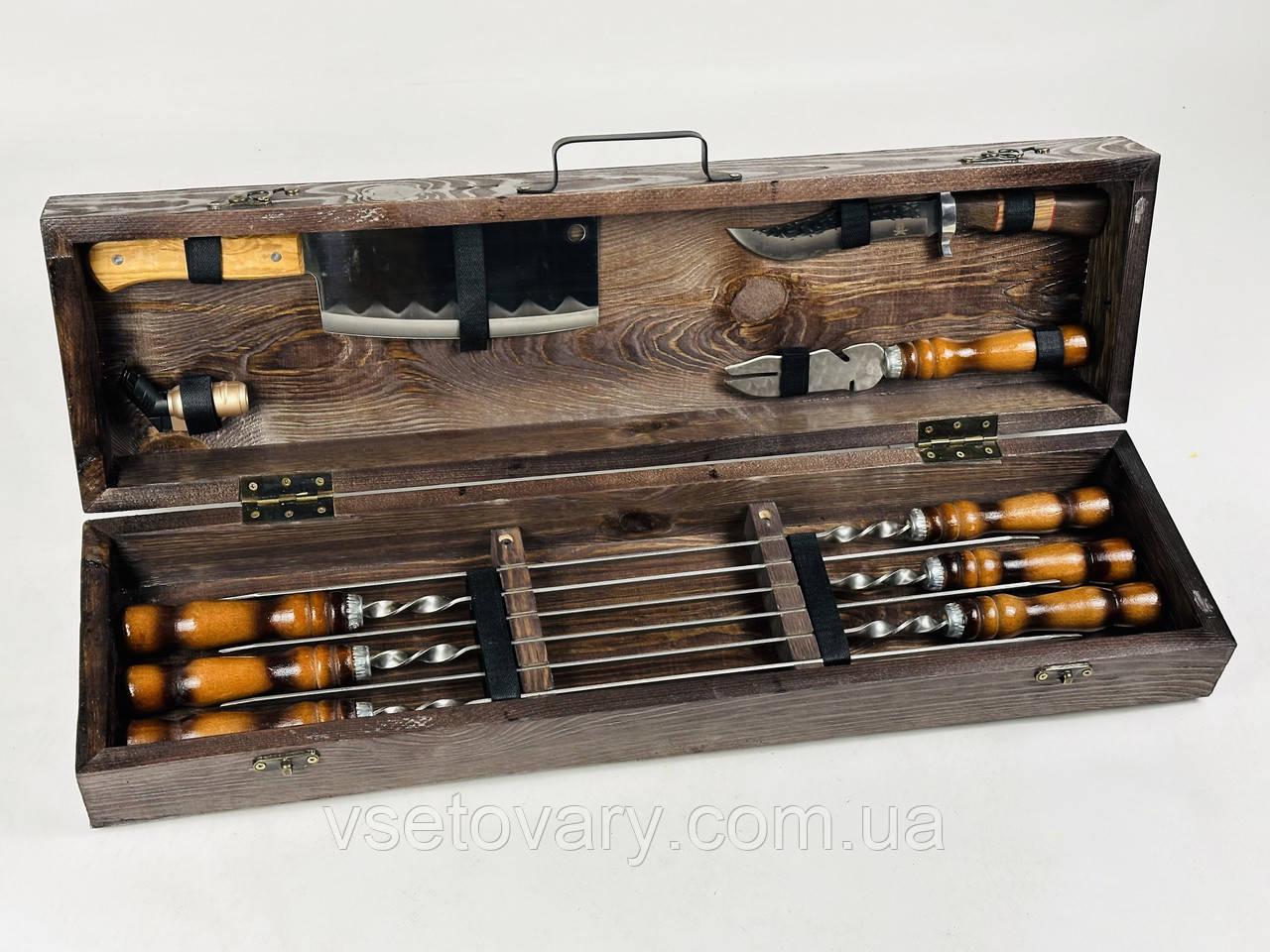 Подарочный набор шампуров и аксессуаров Мясник Мини из нержавеющей стали в кейсе на 10 предметов Коричневый (147-10-KS-7709)